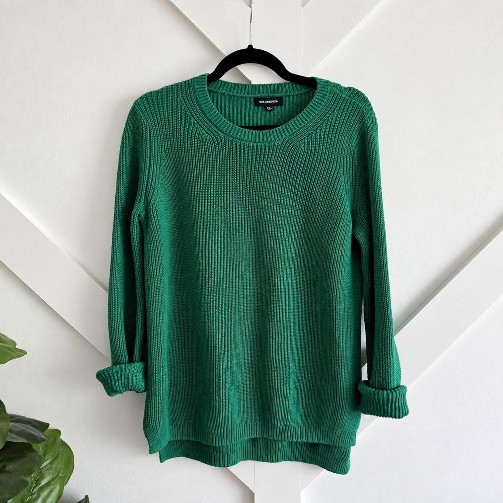 525 America Sweater Women XS Green Shaker Knit Cotton Crew Neck Pullover